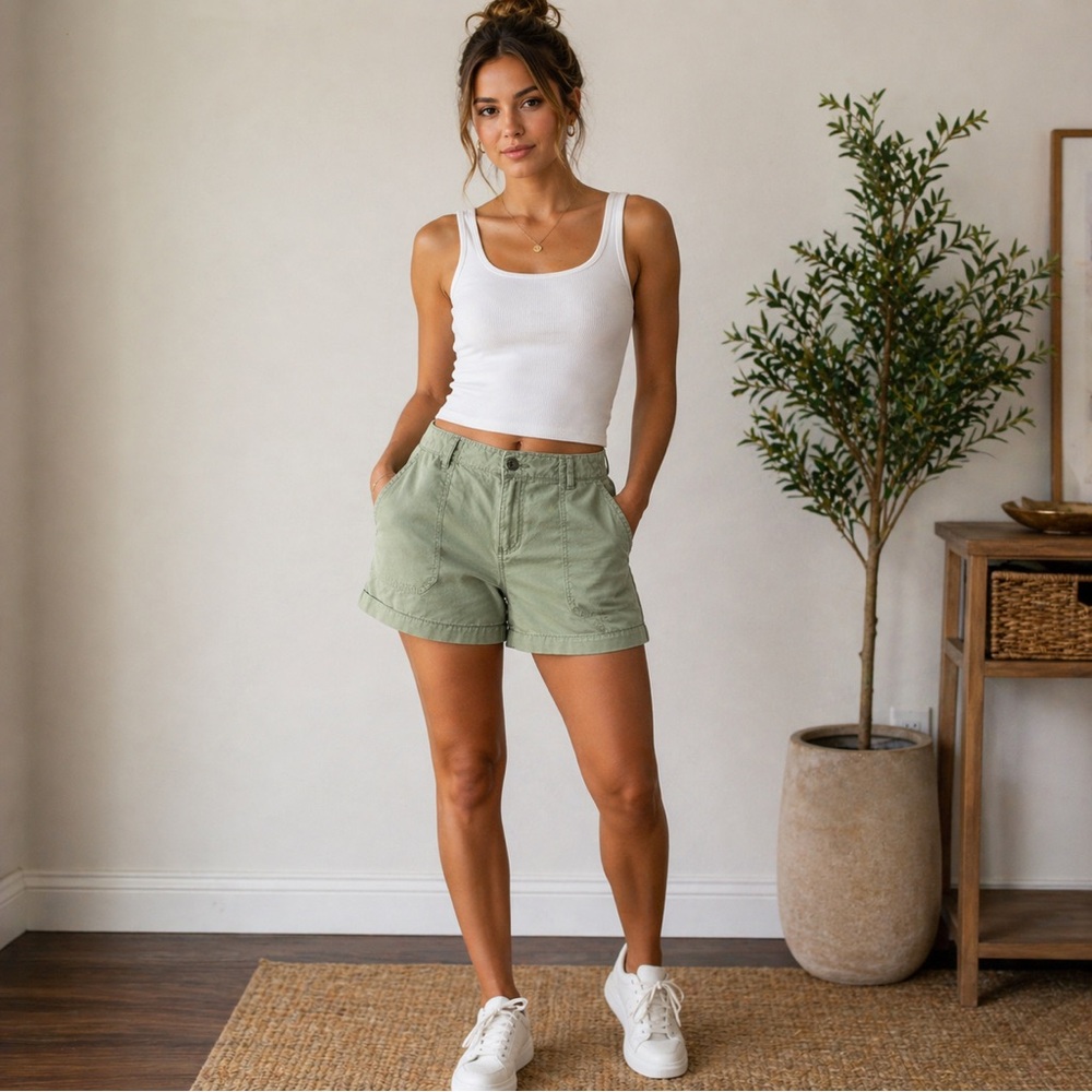 High-Rise Relaxed Utility Shorts in Sage Green